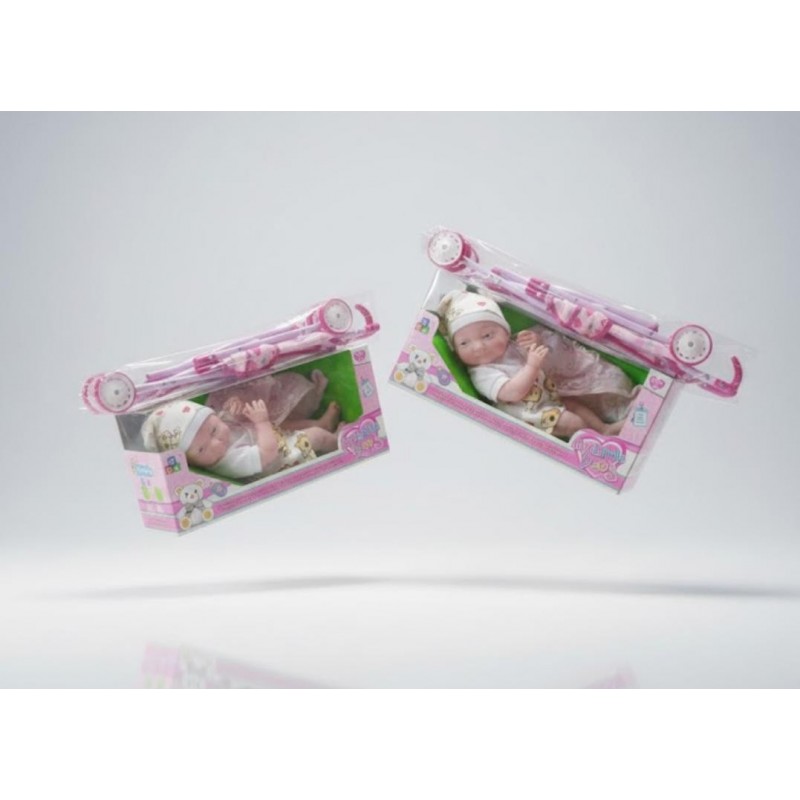 Promo Muñeca Bebe de Goma Suave con Su Coche Baston