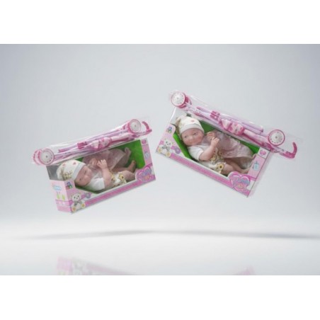 Promo Muñeca Bebe de Goma Suave con Su Coche Baston